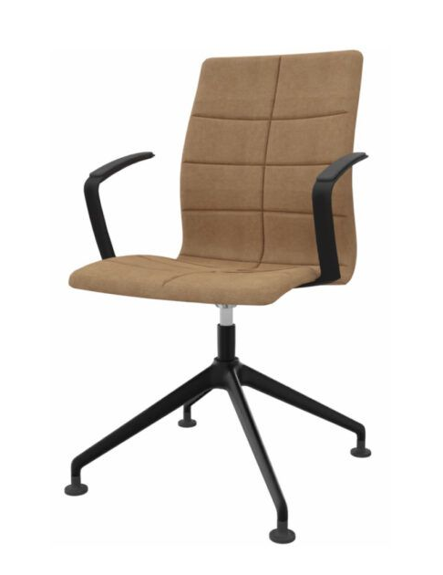 Brun, trukket kontorstol med svarte armlener og understell.