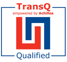 TransQ Qualified-logo med røde og blå sammenkoblede former, i en blå firkantet ramme.