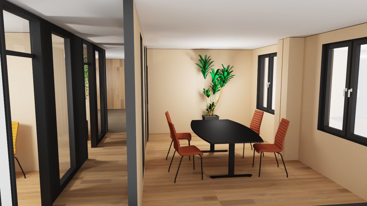 Spisestue med svart bord, oransje stoler og en stor plante. Gang til venstre.