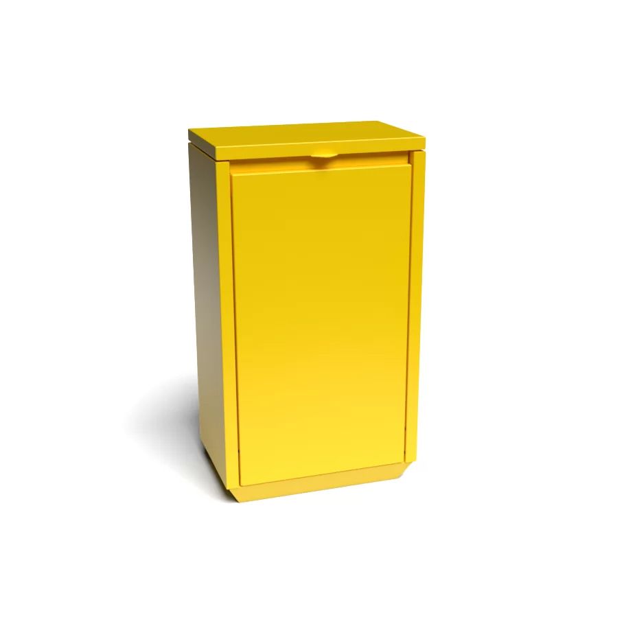 Gult skap med en dør som åpnes foran, som kaster en skygge mot en hvit bakgrunn.