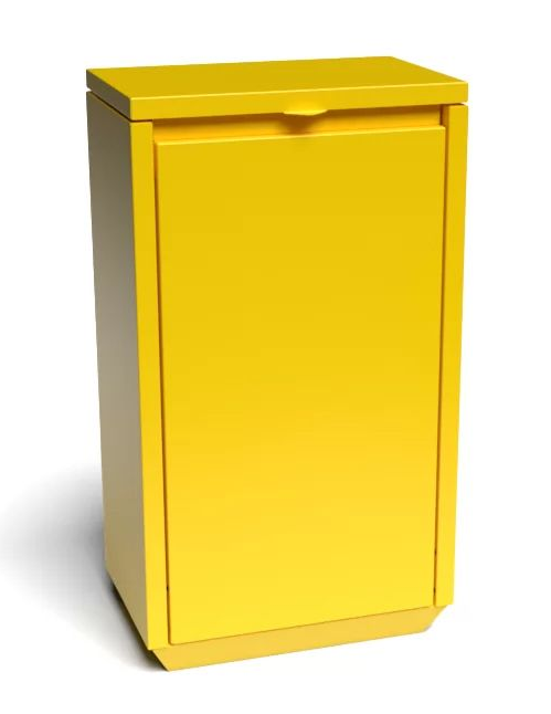Gul avfallsbeholder med dør som åpnes foran mot hvit bakgrunn.