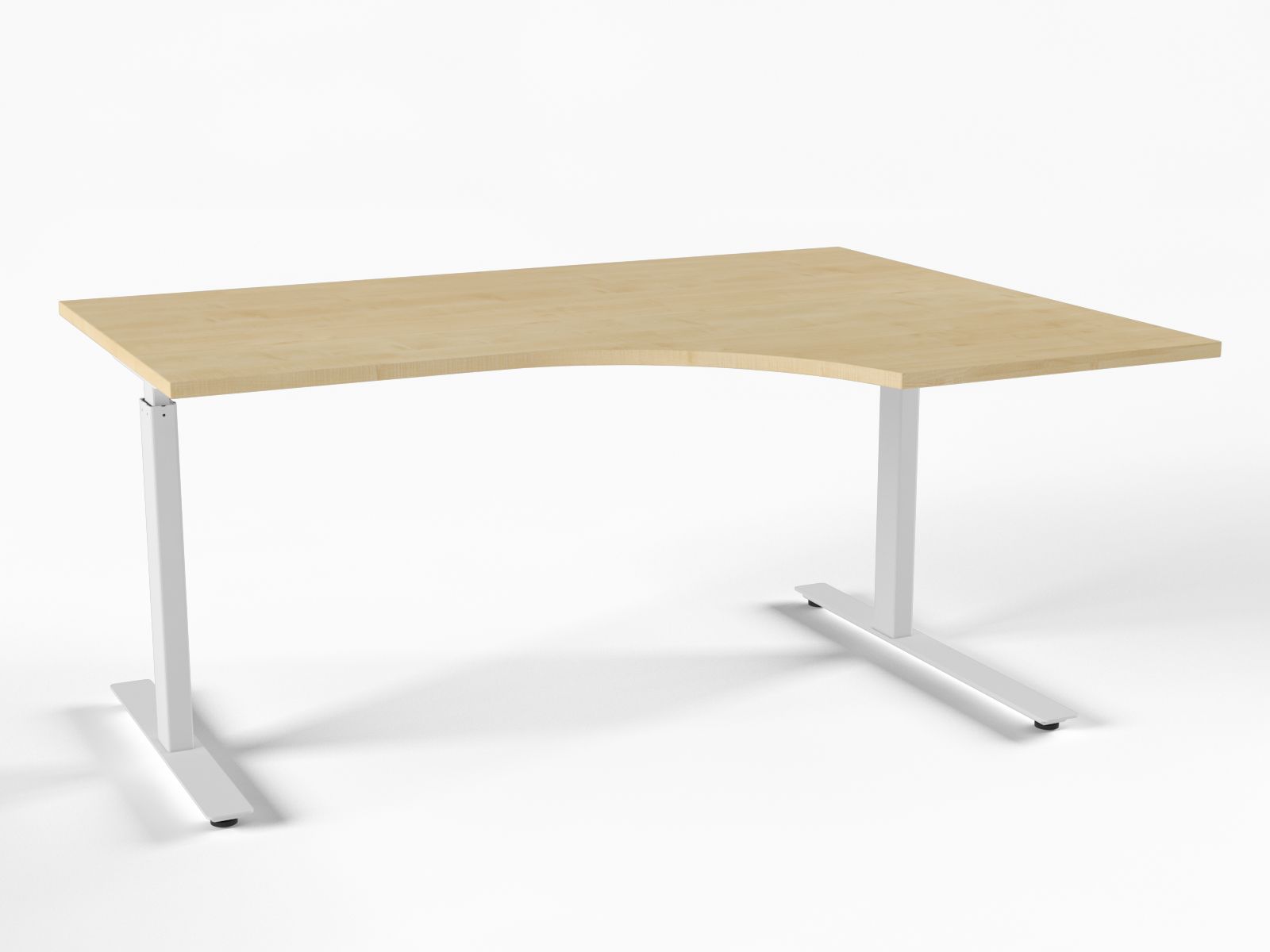 Et lyst trefarget, hjørneformet skrivebord med hvite ben mot en hvit bakgrunn.
