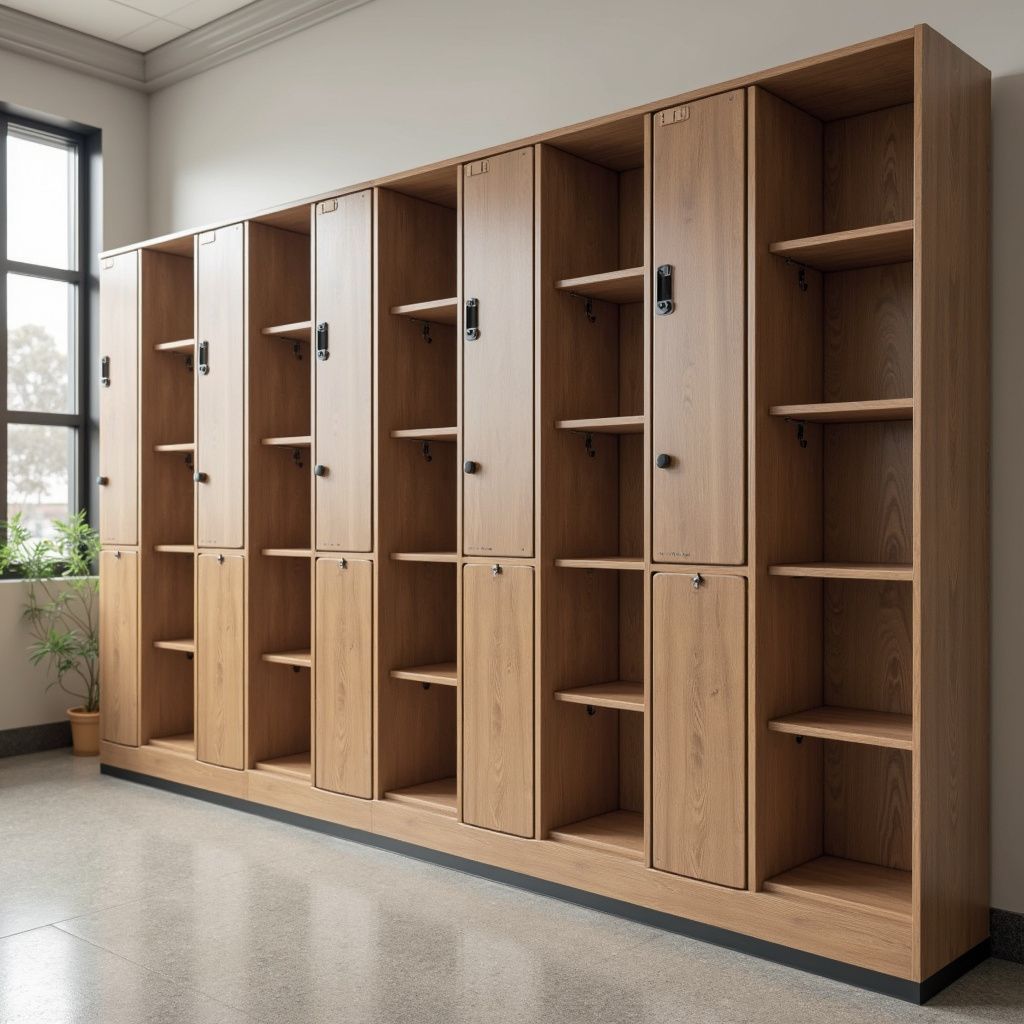 Treskap med hyller og dører i et lyst rom med et vindu.