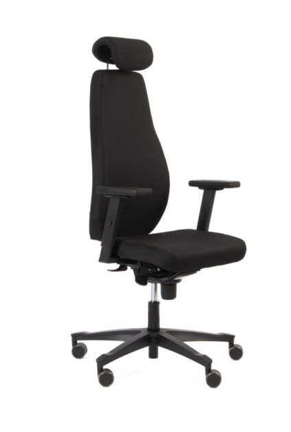 Svart ergonomisk kontorstol med nakkestøtte, justerbare armlener og femkryssfot.