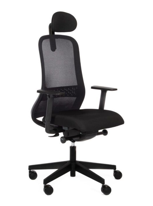 Svart ergonomisk kontorstol med nakkestøtte, nettingrygg, justerbare armlener og femkryssfot.