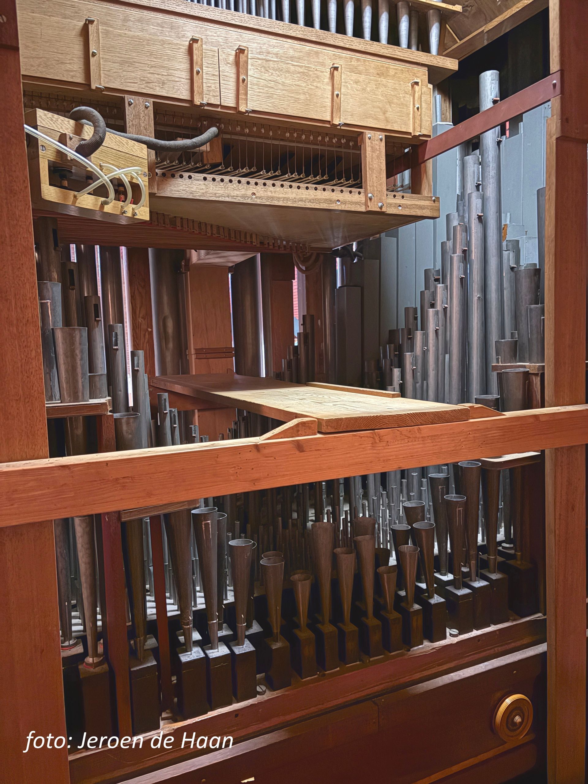 Interieur van een pijporgel met diverse pijpen van verschillende afmetingen en een houten frame.