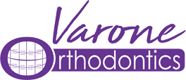 A purple logo for varone orthodontics with braces on the teeth.