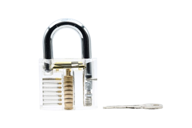 A close up of a padlock with a key on a white background.