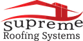 the logo for supreme roofing systems shows a house with a red roof .