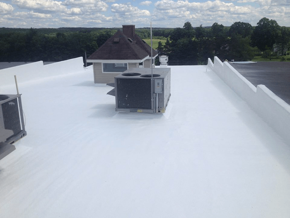 a white roof with a house in the background .