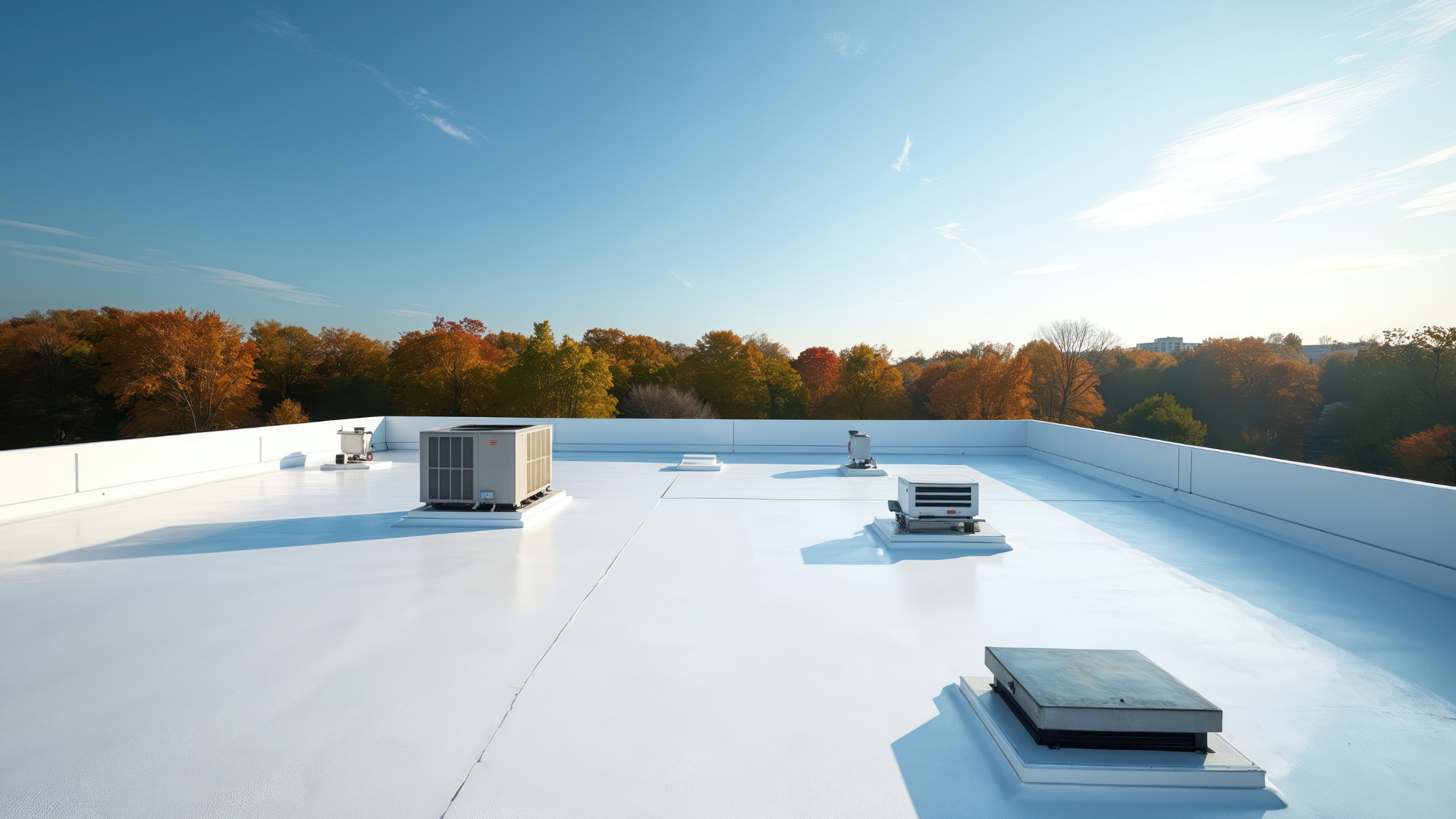 White commercial flat roof with HVAC units under a blue sky and fall foliage.