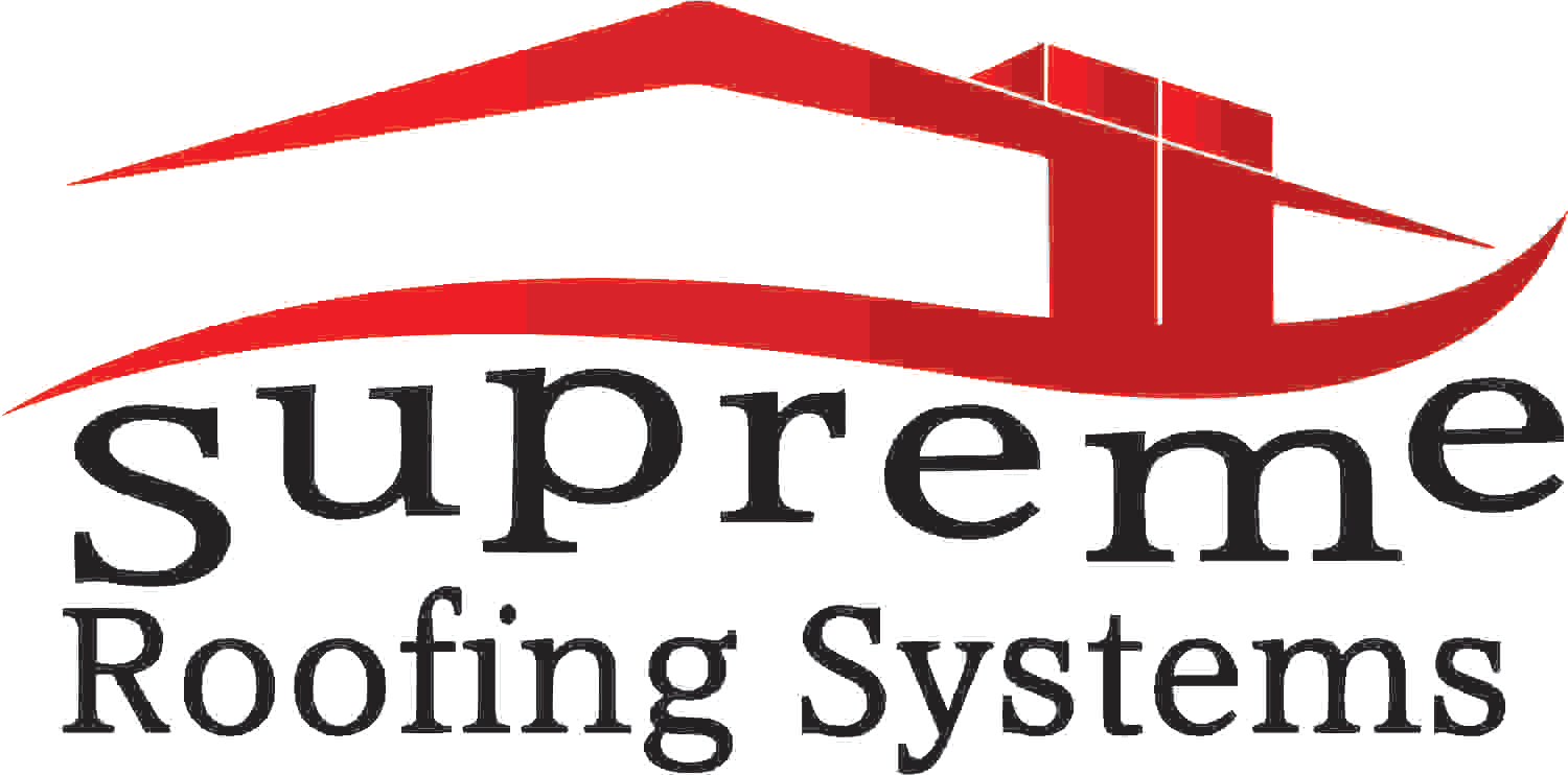 a logo for supreme roofing systems with a red roof