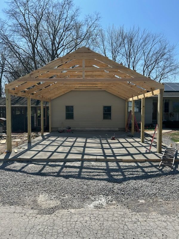 A collage shows construction work on a house exterior, including exposed wooden wall studs and damaged siding.
