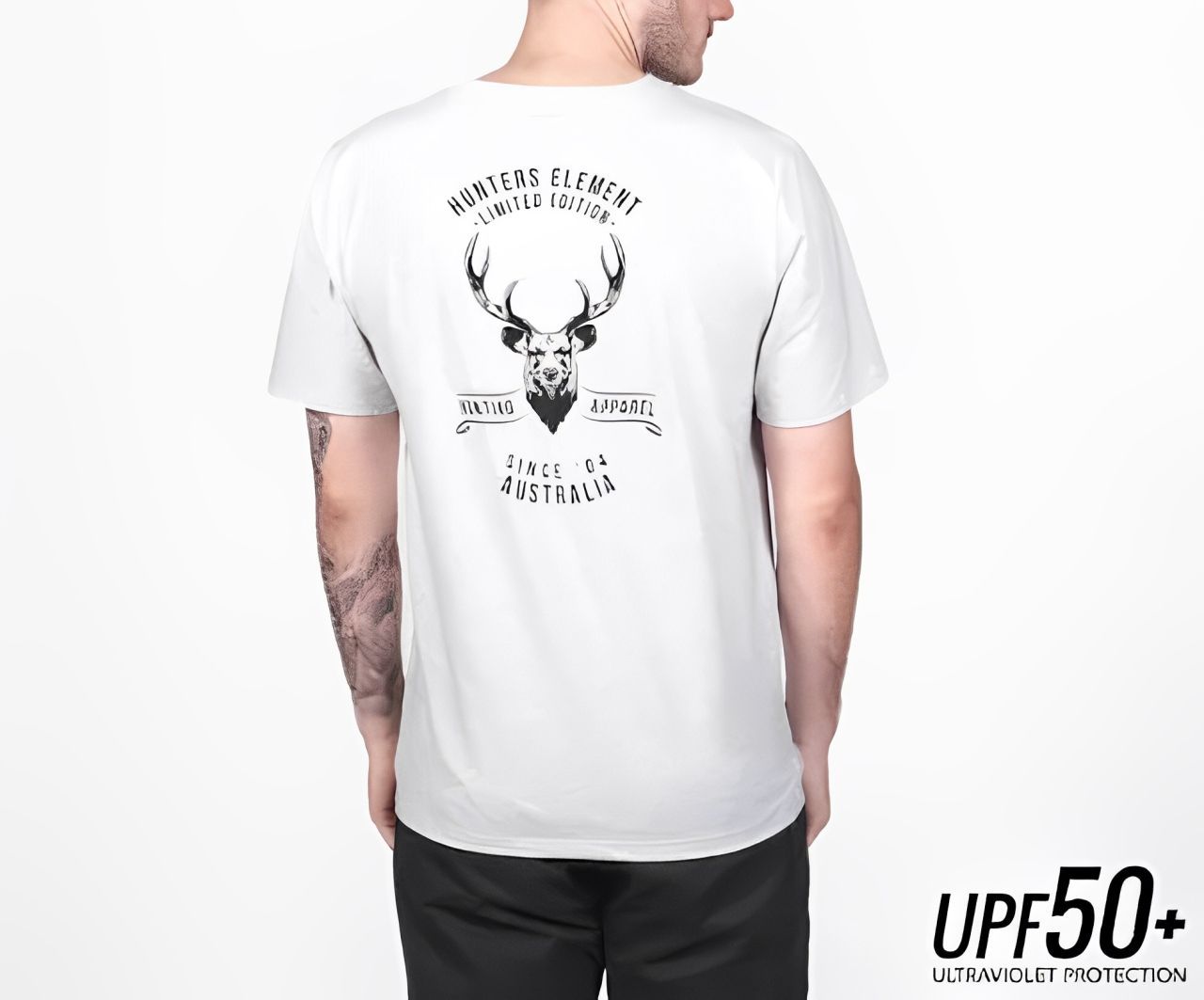 A man is wearing a white t-shirt with a deer on the back — Mackay Shooters Supplies in Paget, QLD