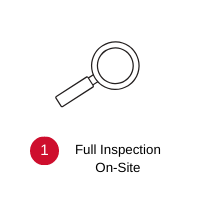 Magnifying glass icon above red number 1 and text “Full Inspection On-Site”
