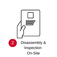 Icon of a hand holding a document, labeled “2 Disassembly & Inspection On-Site”