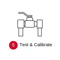 Step 5: Test and Calibrate, with a faucet icon and red number badge