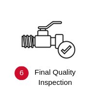 Final quality inspection icon with valve and checkmark, labeled step 6