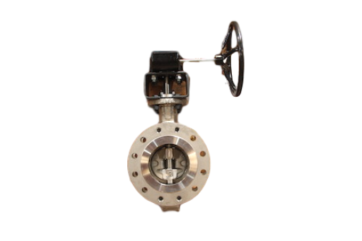 Industrial valve with black handwheel and metal flange on white background