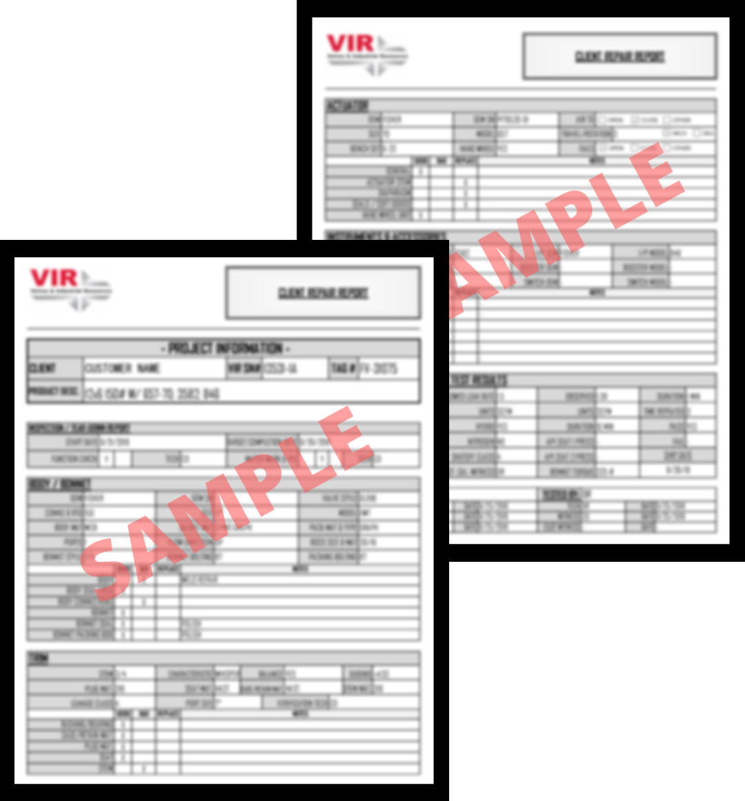 Two overlapping black-and-white VIR forms stamped with a red “SAMPLE” watermark.