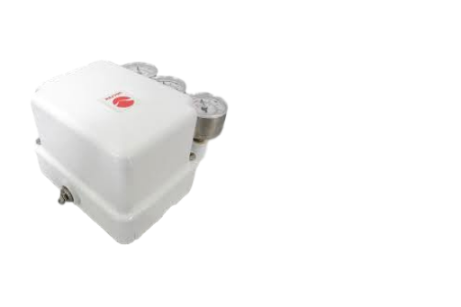 White industrial machine component with a red logo and metal fittings on a white background