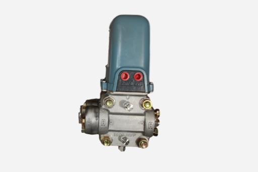 Compact gray mechanical device with teal cover and red buttons on a white background