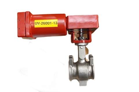 Green industrial control valve with attached actuator and piping component on white background