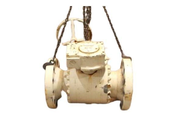 Old industrial valve with white body and rust spots, suspended by cables on a plain background
