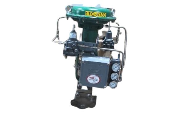Industrial valve actuator assembly with green top and gray control box on white background