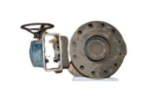 Rusty industrial valve with handwheel and round flange fitting on a white background