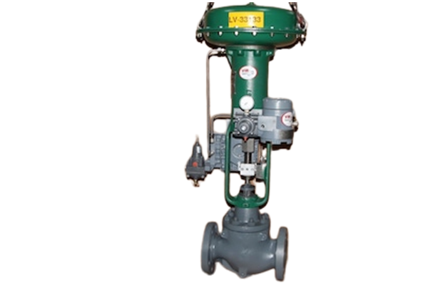 Green industrial control valve with attached actuator and piping component on white background