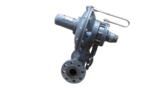 Industrial metal valve or regulator with a flanged pipe connection on a white background