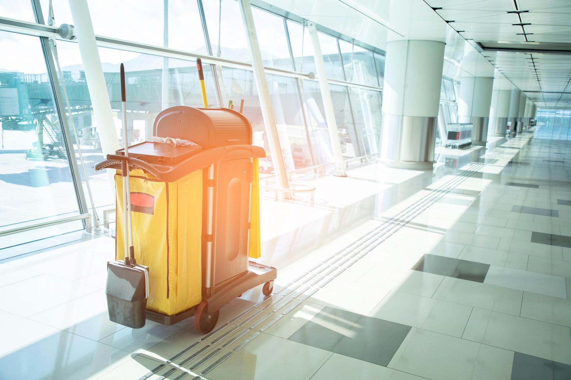 A yellow cleaning cart is sitting in a hallway next to a window.