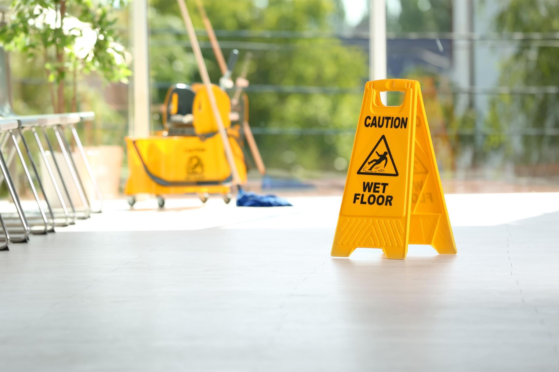 A yellow wet floor sign is sitting on the floor in a room.