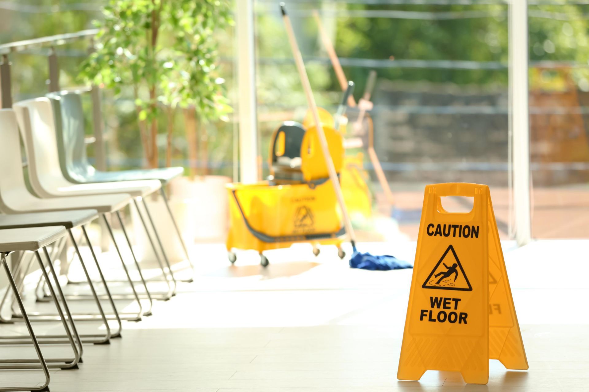 A yellow wet floor sign is sitting on the floor in a room.