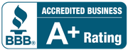 BBB Accredited Business with A+ Rating badge in white on blue.