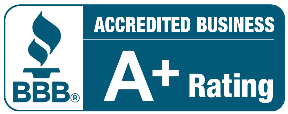 BBB Accredited Business with A+ Rating badge in white on blue.