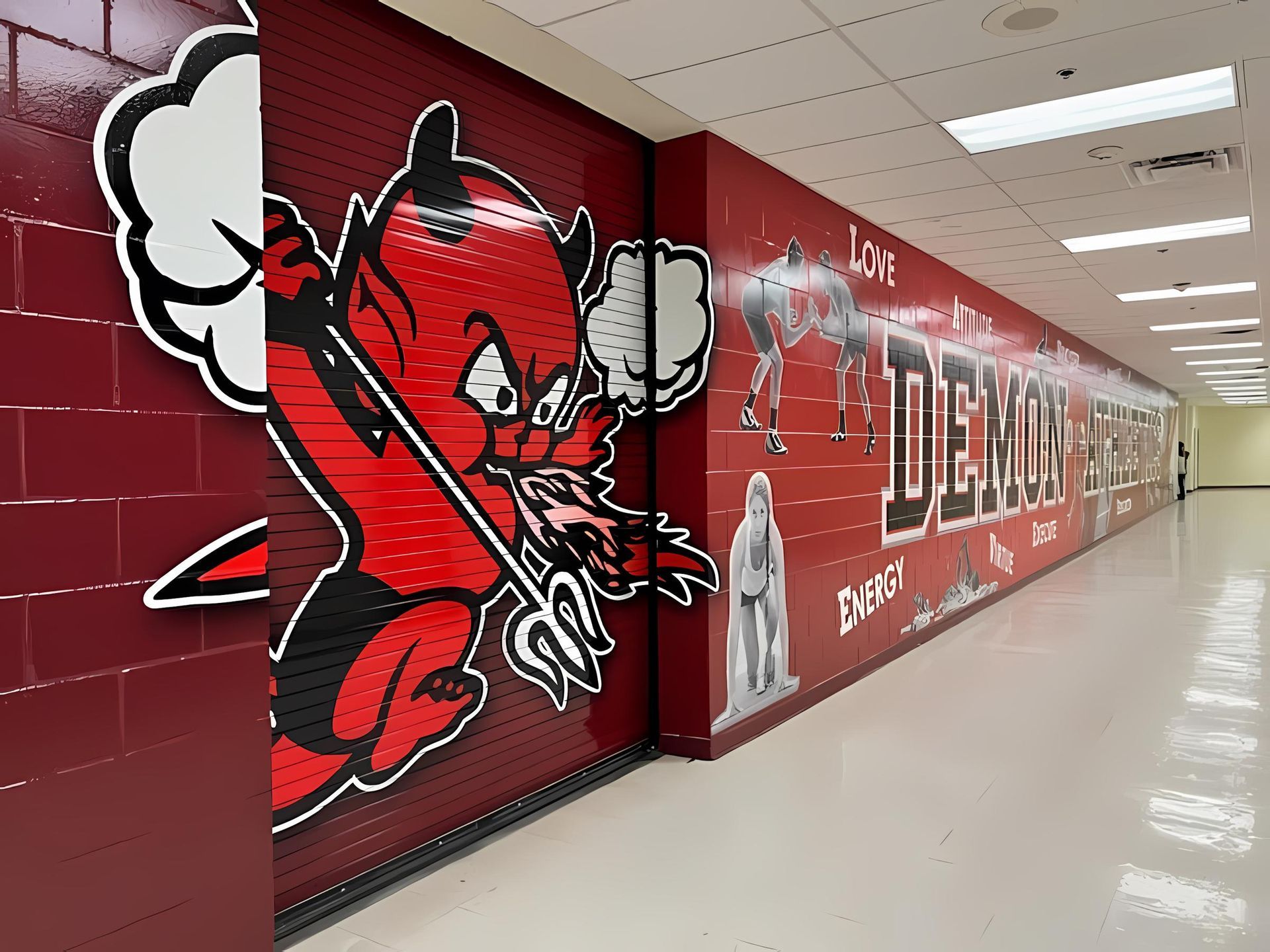 A long hallway with a devil painting on the wall