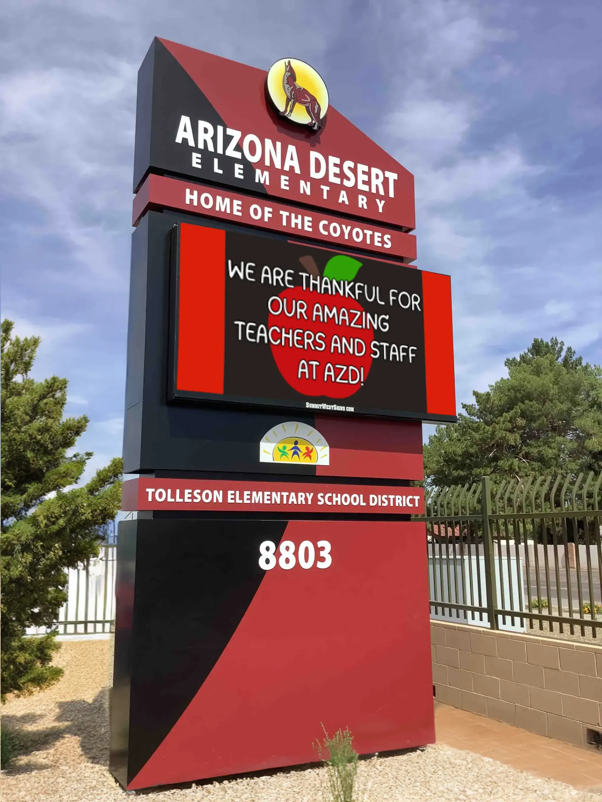 A large red and black sign for arizona desert elementary school