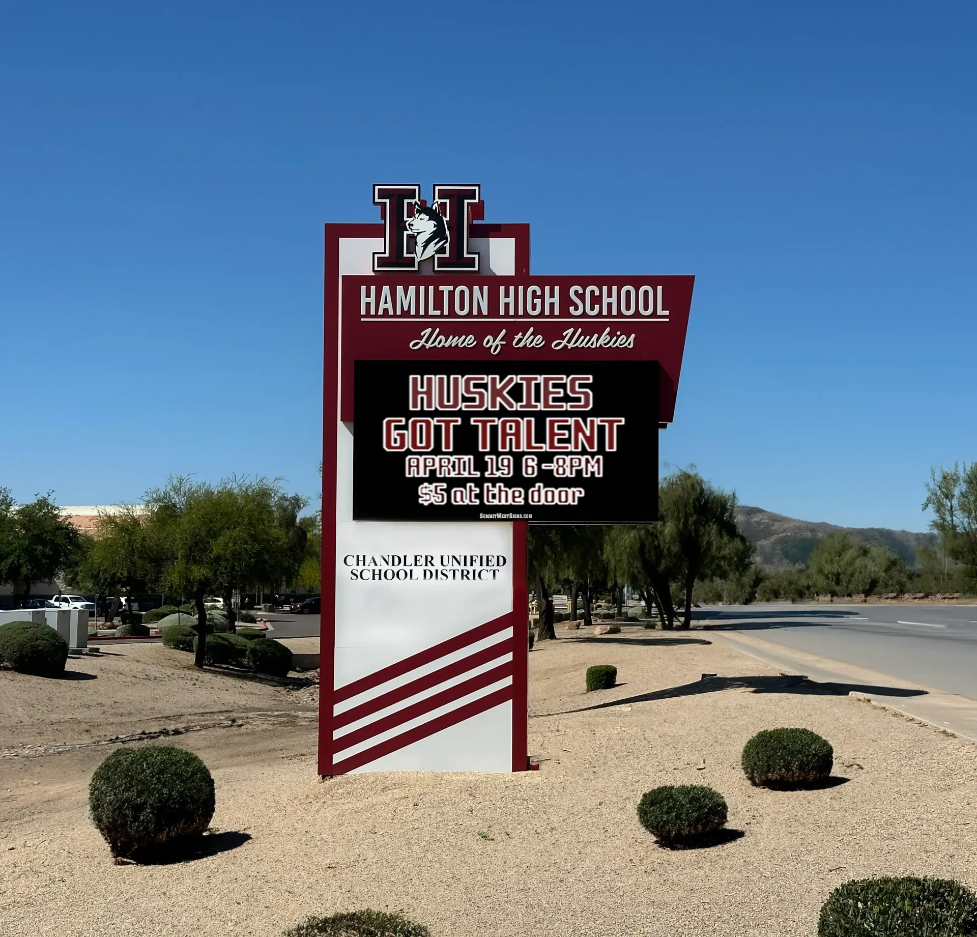 A sign for hamilton high school says huskies got talent