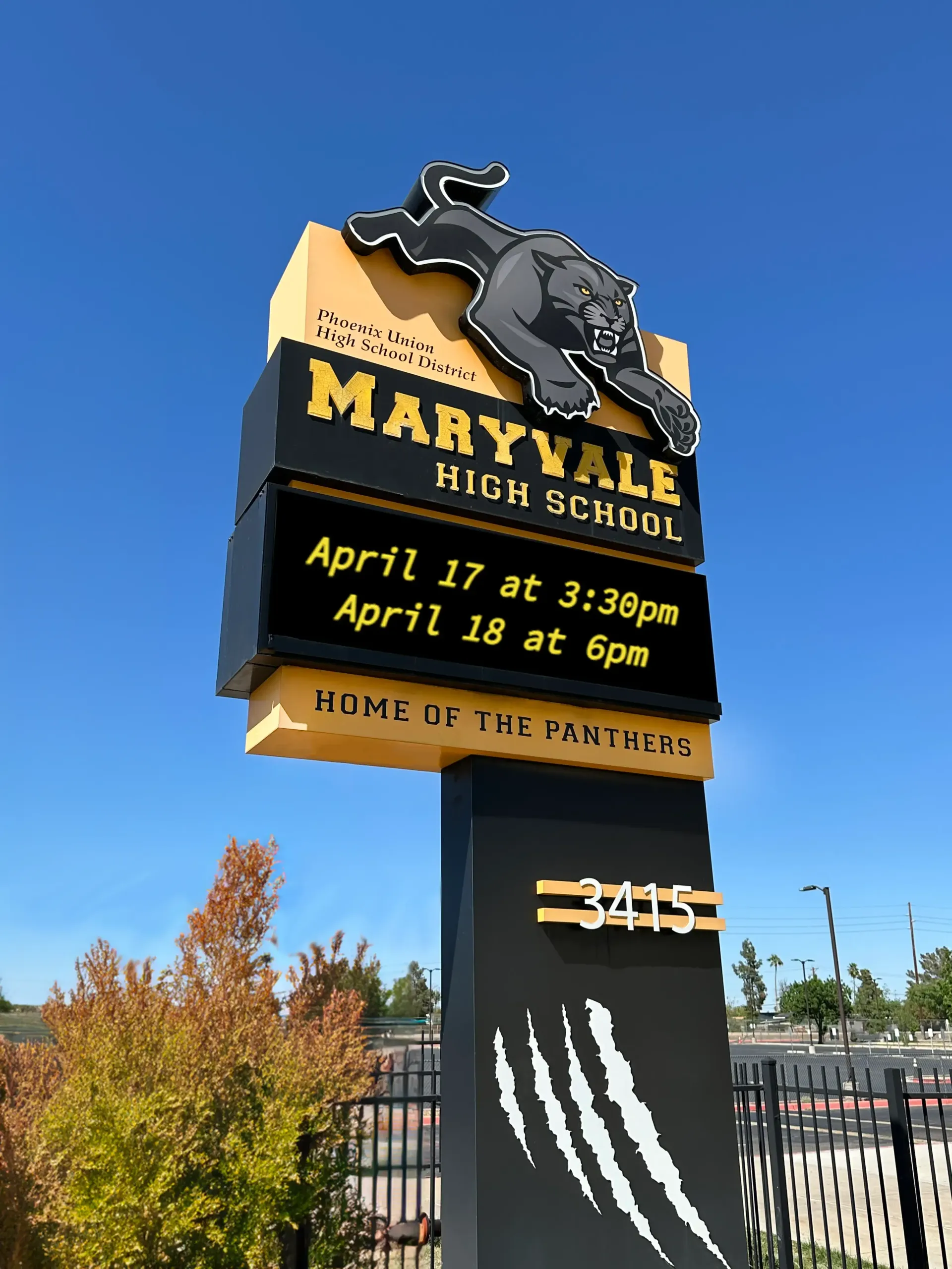 A sign for maryvale high school has a panther on it