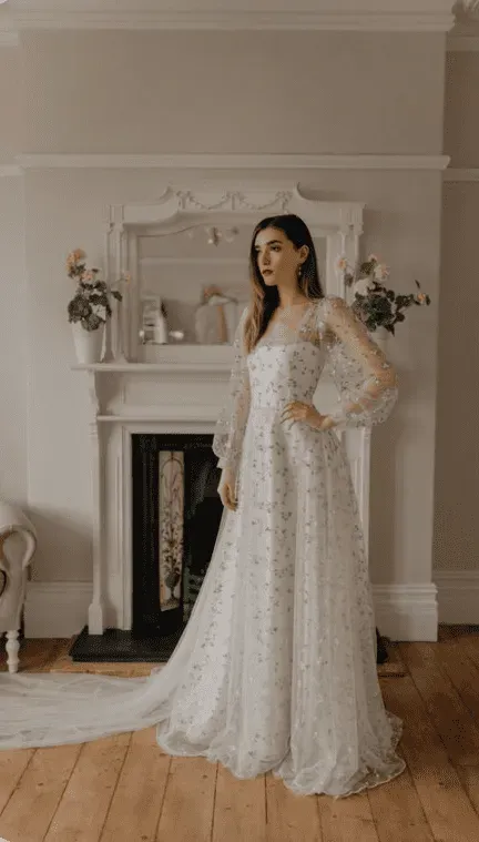 A woman in a wedding dress is standing in front of a fireplace.