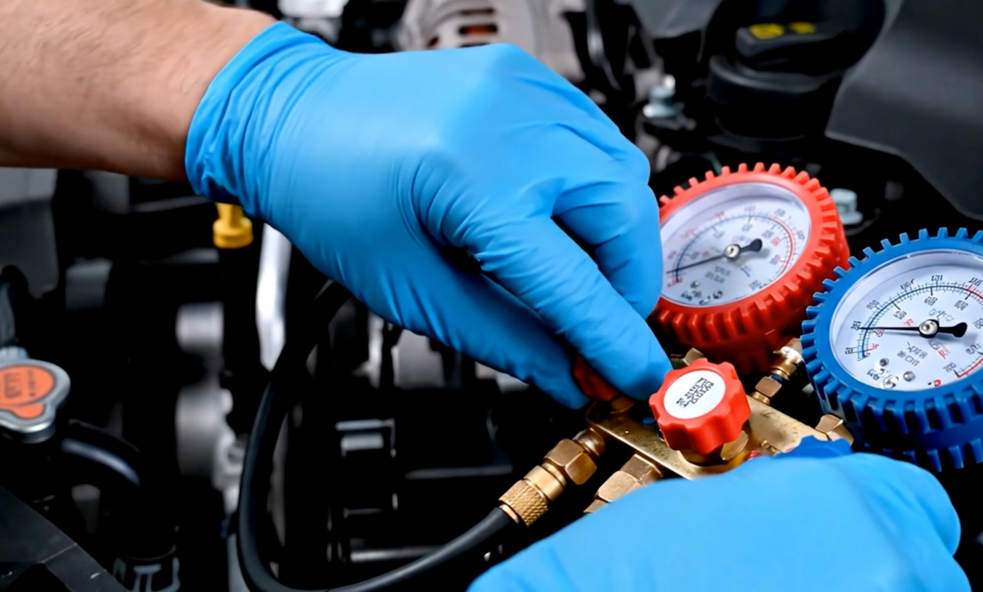Blue-gloved hands adjusting red and blue gauges on an air conditioning manifold