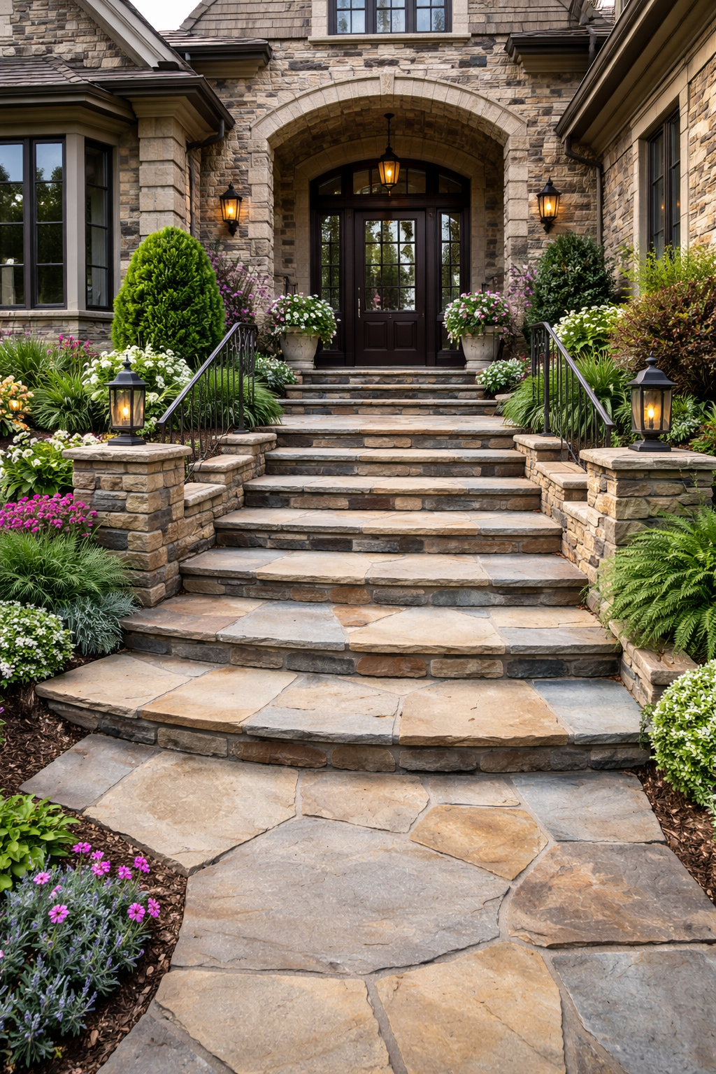 residential flagstone stairs ascending to the front door of a home