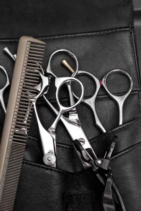 A pair of scissors and a comb are in a black bag