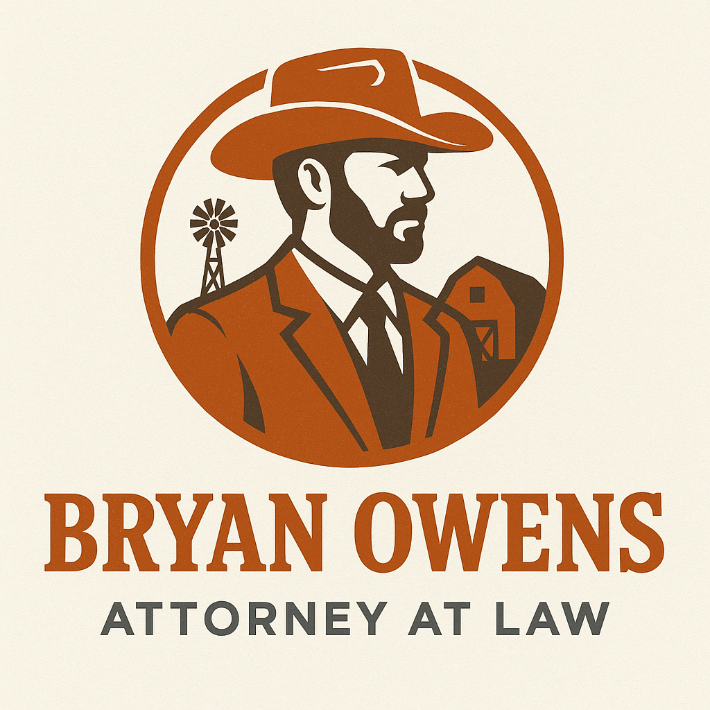 Logo: Man in cowboy hat and suit. Text reads "Bryan Owens, Attorney at Law."