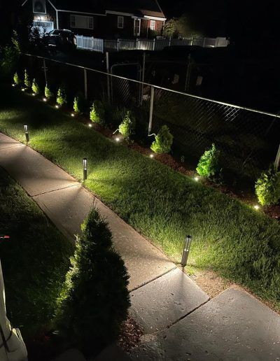 Lit pathway with landscape lighting, a sidewalk, and a line of shrubs along a fence at night.