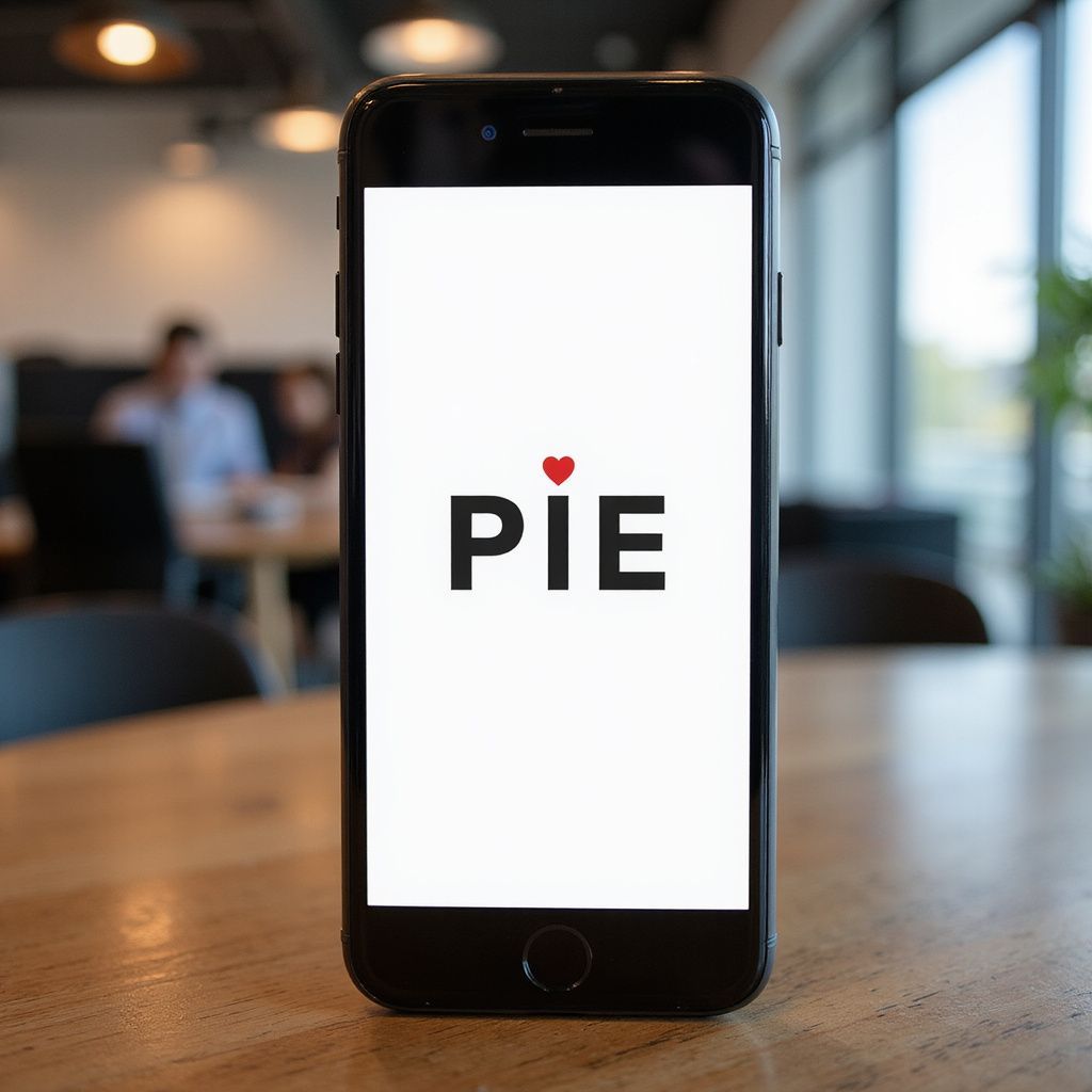 Smartphone on a wooden table displaying the Pie logo: a heart above the word 