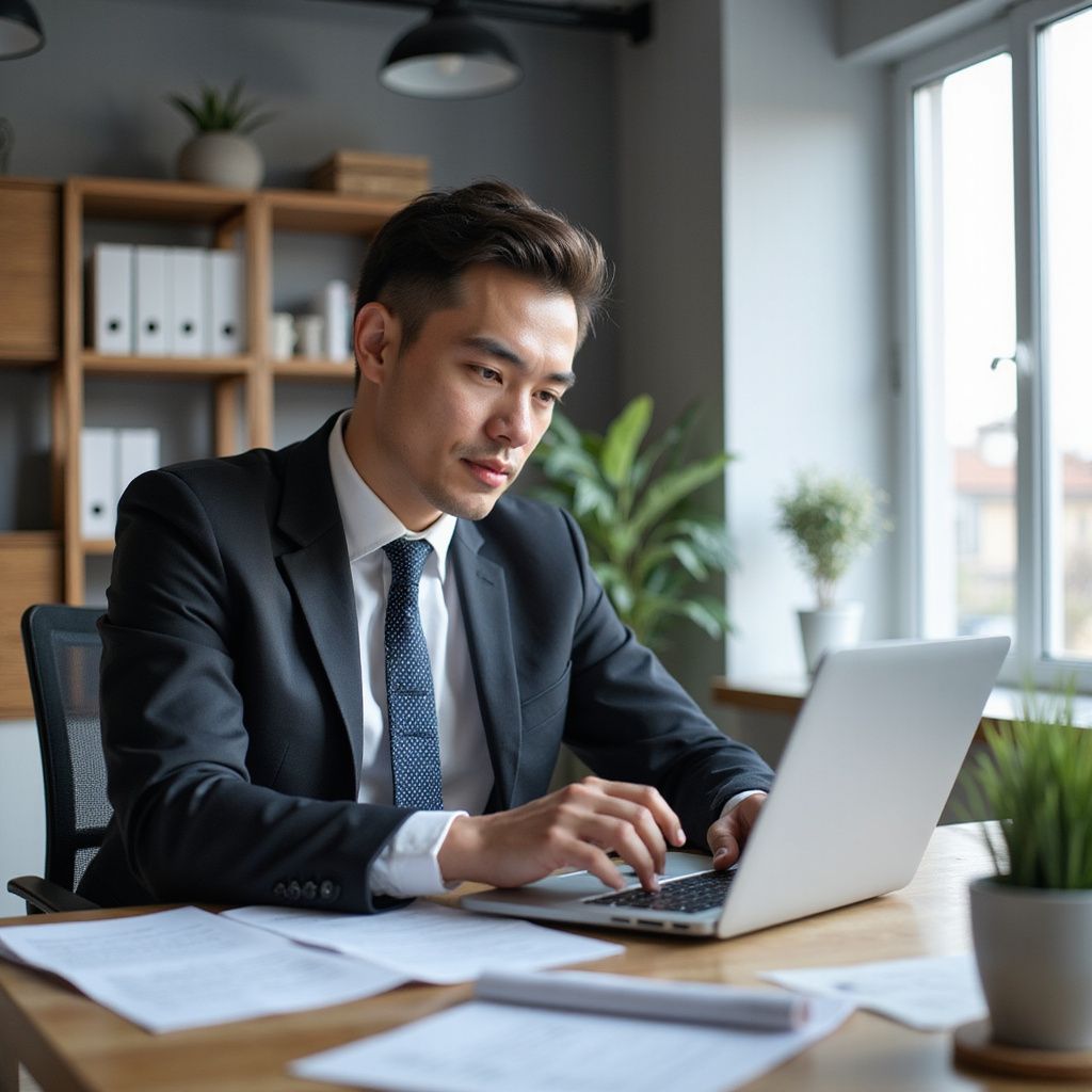 Man in suit typing on laptop at desk in office.