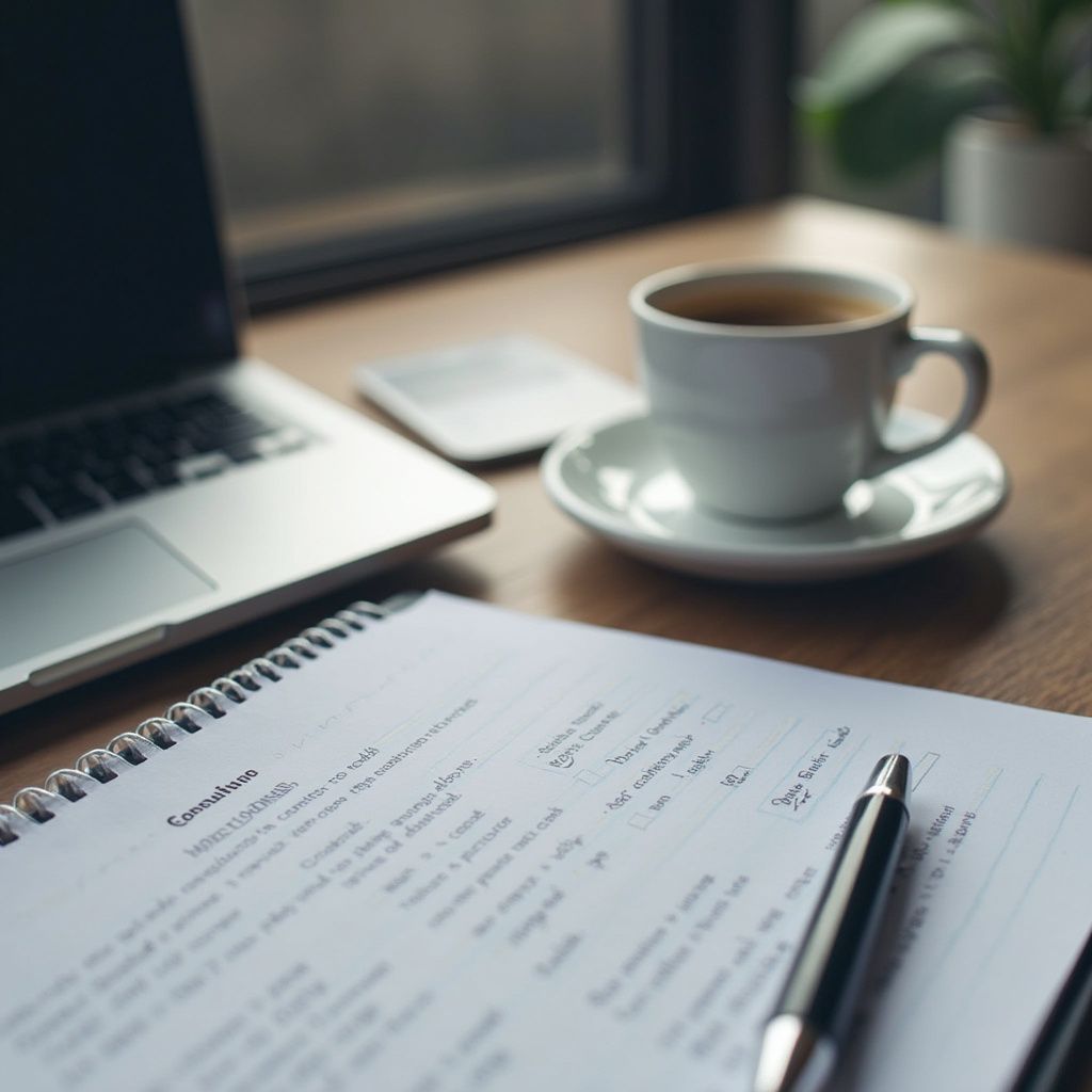Notebook, pen, laptop, phone, and coffee cup on wooden table by window.